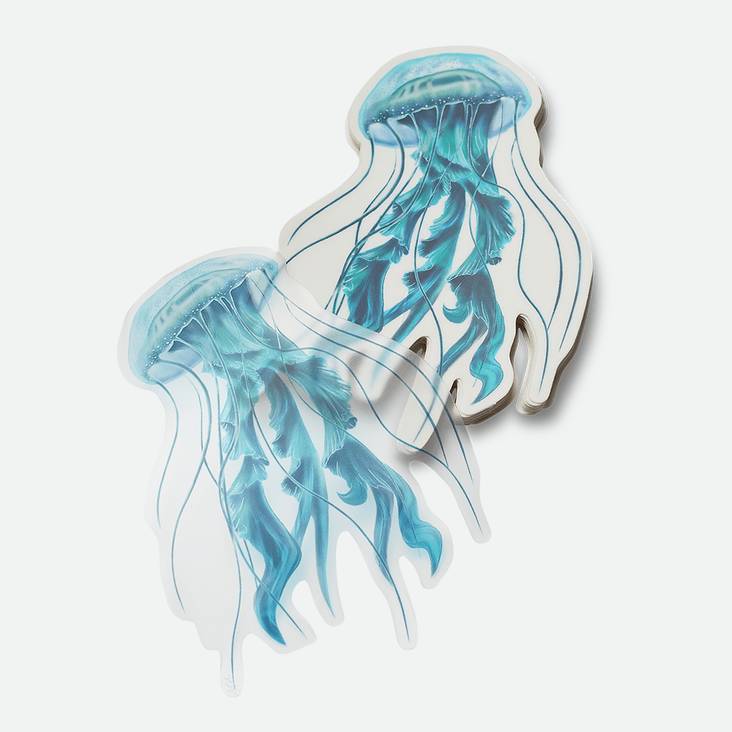 A stack of matte clear stickers printed by StickerGiant with Jellyfish printed on them