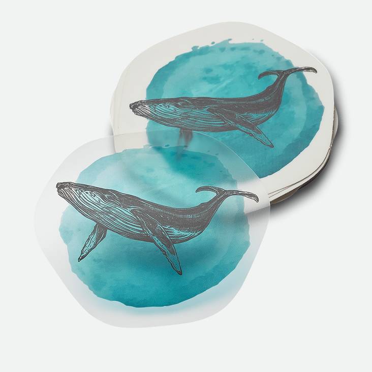 A stack of matte clear stickers printed by StickerGiant with whales on them