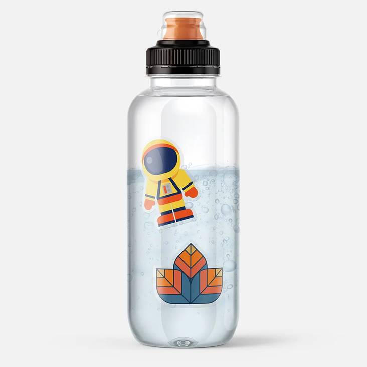 A clear water bottle with two custom shaped stickers printed by StickerGiant applied to the side