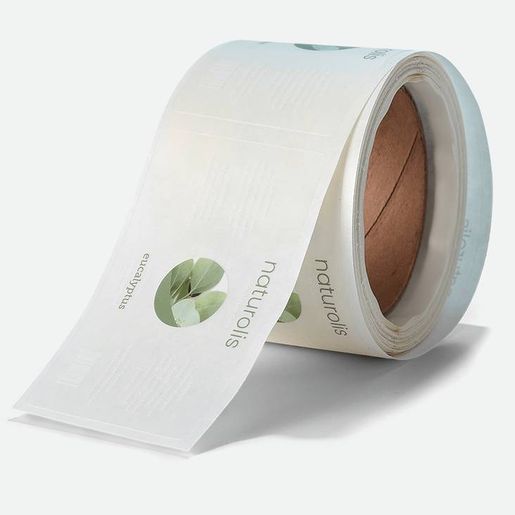 A roll of Naturoils eucalyptus clear labels printed by StickerGiant