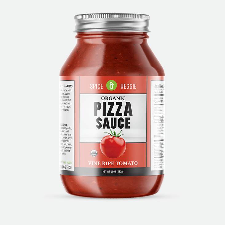 A jar of pizza sauce with organic pizza sauce glossy label printed by StickerGiant applied to the jar