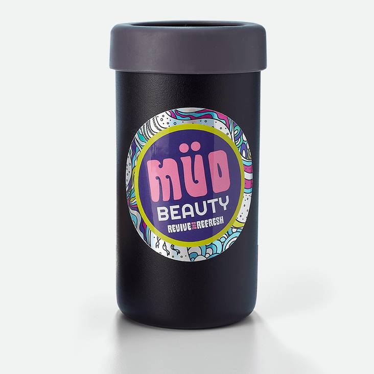 A drink coozie with a holographic circular sticker printed by StickerGiant applied to the coozie