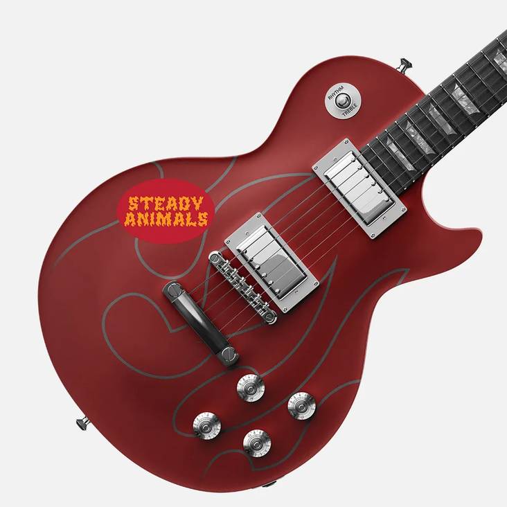 A red guitar with a Steady Animals oval sticker printed by StickerGiant applied to it